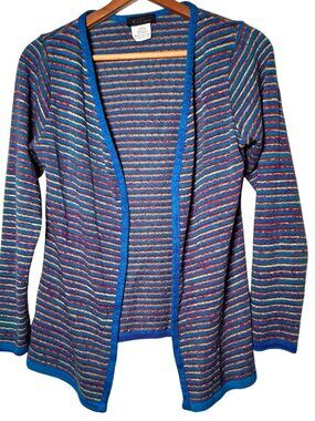 Cecilia Cardigan Sweater Large Blue Turquoise Stripe Open Front Lightweight